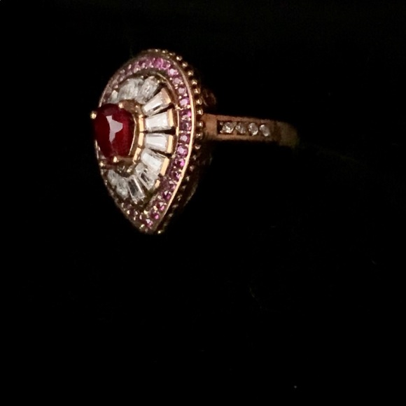 Teardrop Ruby Topaz & Crystal Baguettes Oval Cocktail Accent Ring Size 8 - Picture 3 of 11